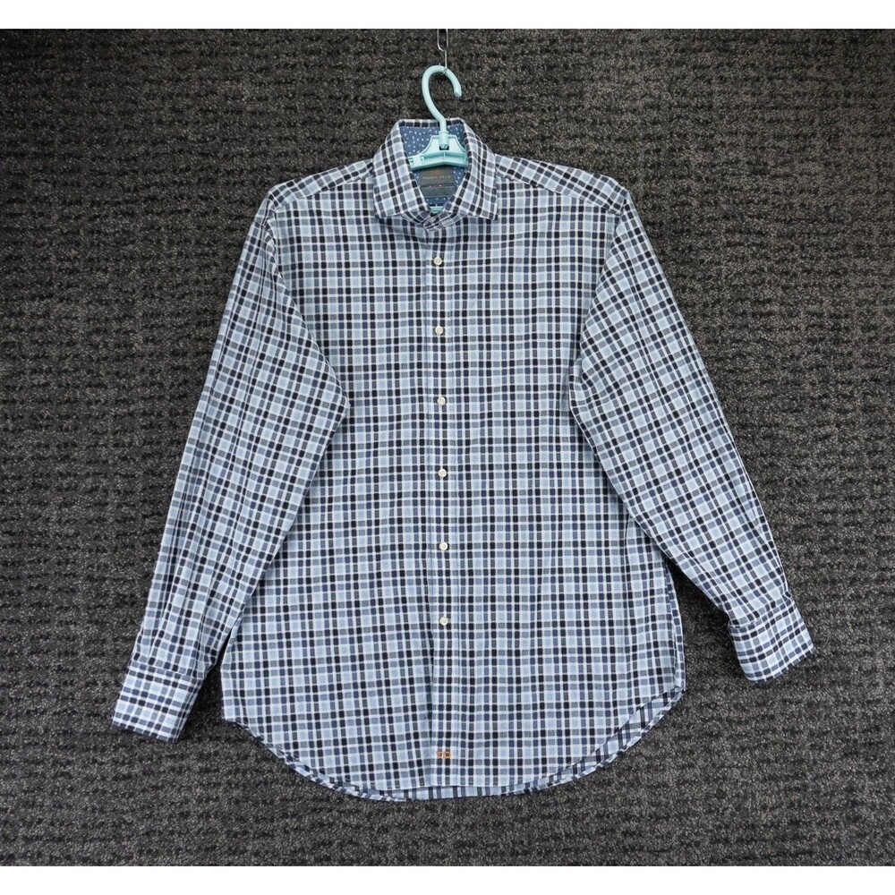 Thomas Dean Shirt Mens Large Blue White Plaid Long Sleeve Cotton Casual Preppy